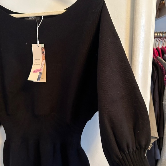 Black Bodycon Dress with Bishop Sleeves and Mock Neck - Picture 4 of 6